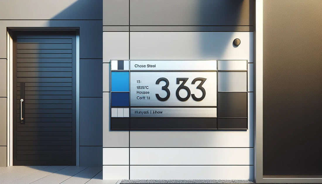 moderne hausfassade mit hausnummer auf inox stahlplakette blaue nummer auf weissem hintergrund gelbe schraube