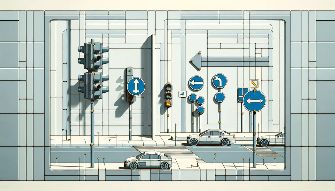 Technische Skizze einer urbanen Kreuzung mit blauen Verkehrsschildern und grauen schematischen Fahrzeugen ohne Perspektive
