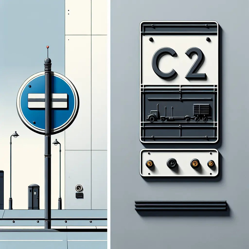 Verkehrsschild C12 in Blau mit elegantem Straßenschild in Grau auf weissem Hintergrund technische Linienzeichnung