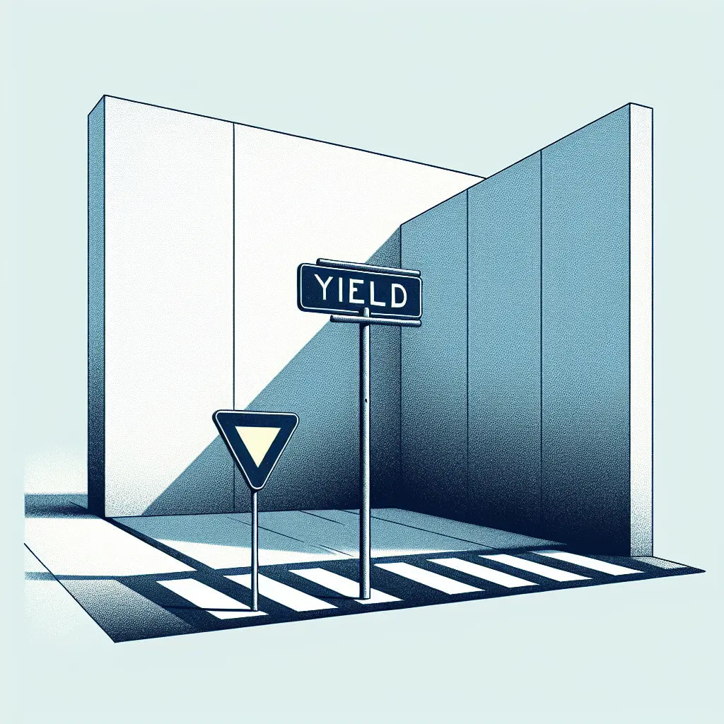 Straßenkreuzung mit blauem vorfahrt gewähren schild auf hellem hintergrund gelbe schraube technische skizze