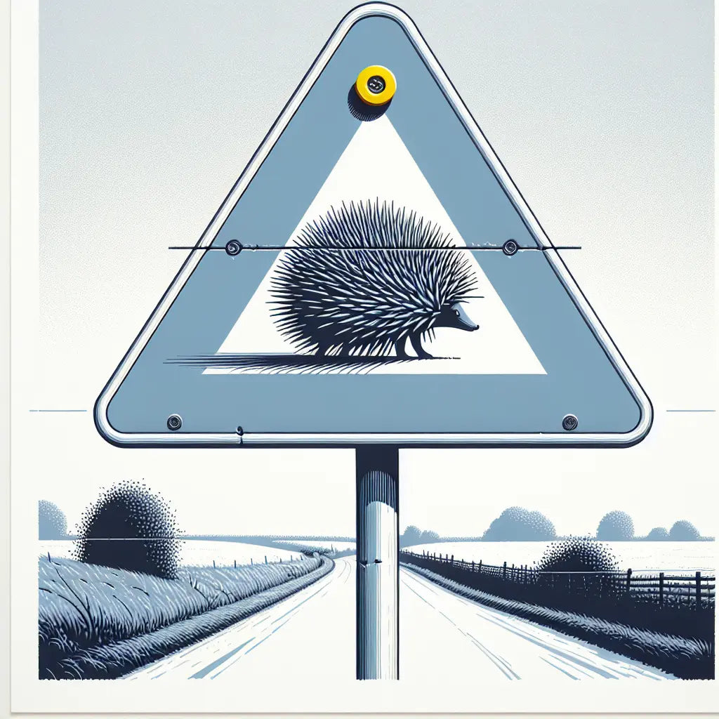 Dreieckiges Verkehrszeichen mit stilisiertem Igel in Blau auf hellem Hintergrund mit grauer Vegetation und gelbem Akzent