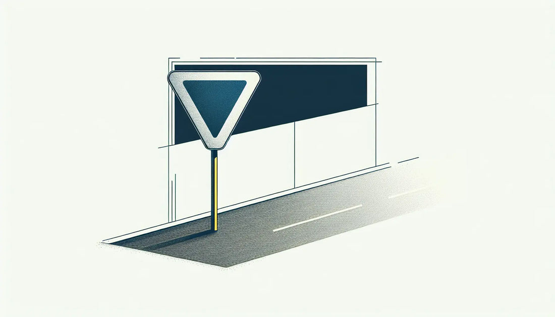 Reduziertes Verkehrsschild Vorfahrt gewähren in Blau mit schwarzer Kontur auf hellem Hintergrund mit minimalistischem Straßenumriss