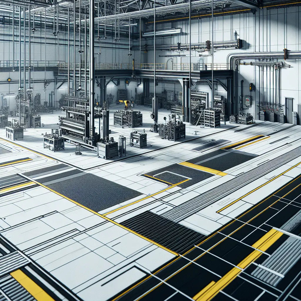 Industrielle Werkstatt mit antirutschboden in Grau klaren Linien und gelben Akzenten in technischer Skizze