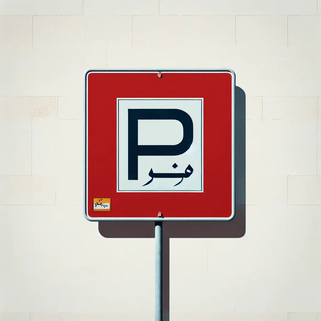 Rotes quadratisches Verkehrsschild mit Parksymbol in Blau auf hellem Hintergrund technische Linienzeichnung