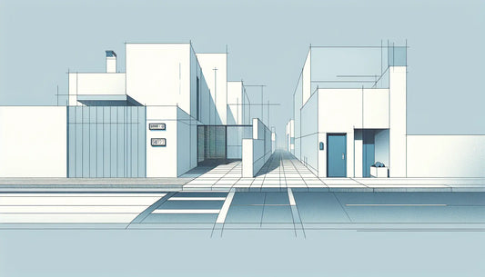 Abstrakte moderne Strasse mit blauen Hausnummern und grauer Stahlplatte mit gelben Akzenten als technische Skizze