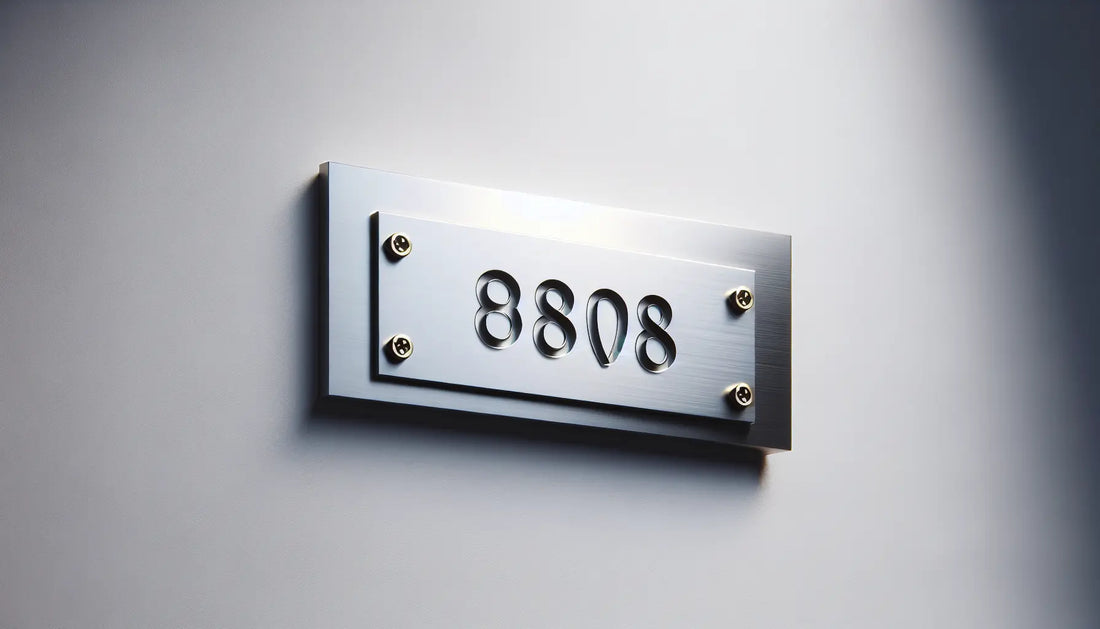 Hausnummerplatte aus Edelstahl in Grau mit schwarzen Linien auf hellem Hintergrund Schraubenakzent gelb in technischer Zeichnung