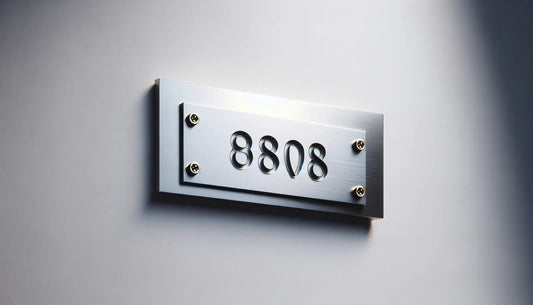 Hausnummerplatte aus Edelstahl in Grau mit schwarzen Linien auf hellem Hintergrund Schraubenakzent gelb in technischer Zeichnung