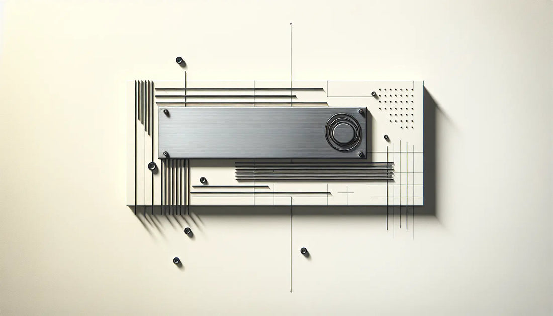 Rechteckiges Metallschild in Grau mit blauen und gelben Akzenten auf weisser Wand technische Zeichnung