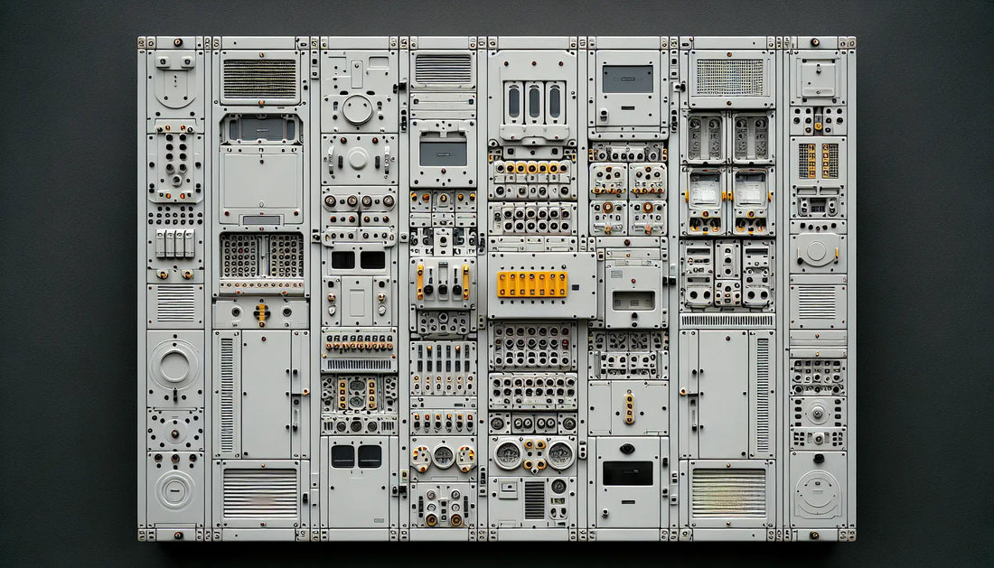 Technisches Elektroschaltschrank in Grau mit schwarzen Linien und gelben Akzenten auf weissem Hintergrund