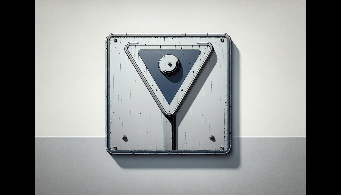 technical drawing of french yield traffic sign panel in blue on white background with yellow screw accent