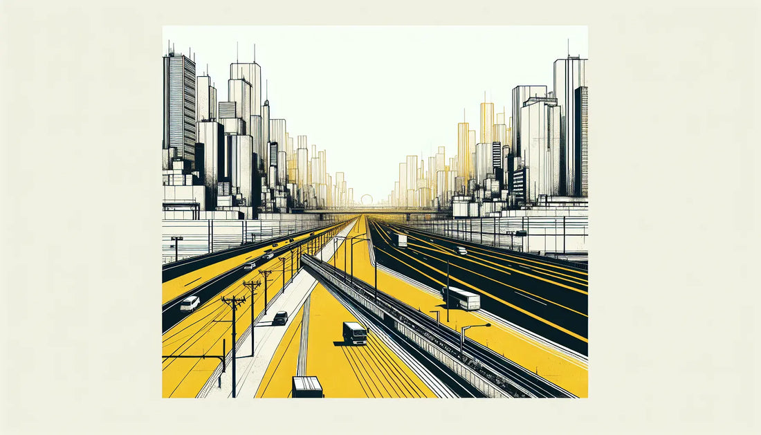 Gelbe durchgehende Linie auf weisser urbaner Strasse als technische Skizze