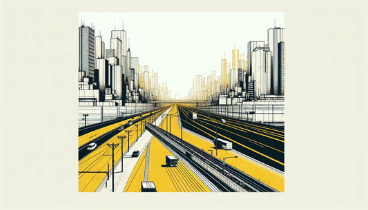 Gelbe durchgehende Linie auf weisser urbaner Strasse als technische Skizze