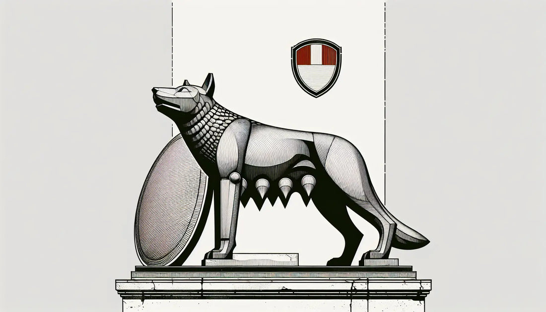 Stilisierte kapitolinische Wölfin Statue mit rundem rotem weissem Schild in technischer Skizze