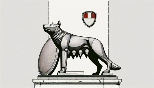 Stilisierte kapitolinische Wölfin Statue mit rundem rotem weissem Schild in technischer Skizze