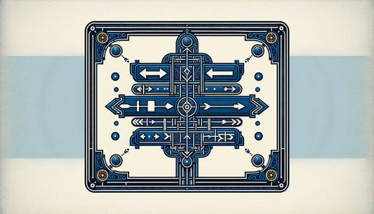 Mehrfach richtungsschild in blau mit gelben punkten auf weissem hintergrund technische reduzierte darstellung