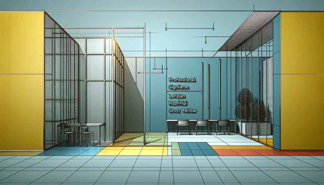 Technische Zeichnung moderner Arbeitsplatz mit Aluminiumtafeln in Grau und farbigen Bodenmarkierungen in Blau Gelb auf weissem Grund