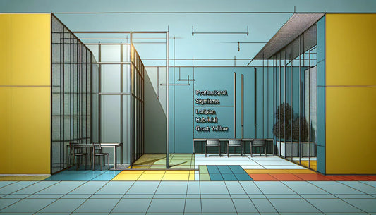 Technische Zeichnung moderner Arbeitsplatz mit Aluminiumtafeln in Grau und farbigen Bodenmarkierungen in Blau Gelb auf weissem Grund