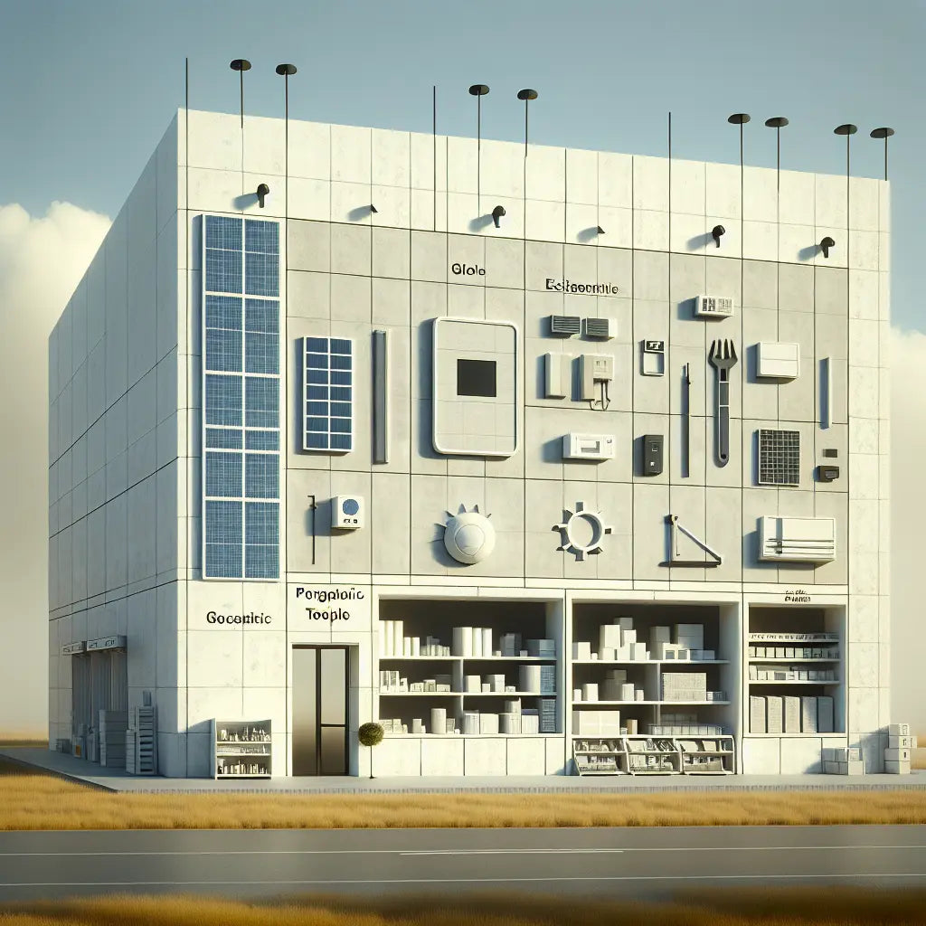 Moderne Baumarktfassade in Ghost White mit blauen digitalen Werkzeugdisplays und gelben Akzenten in technischer Linienzeichnung