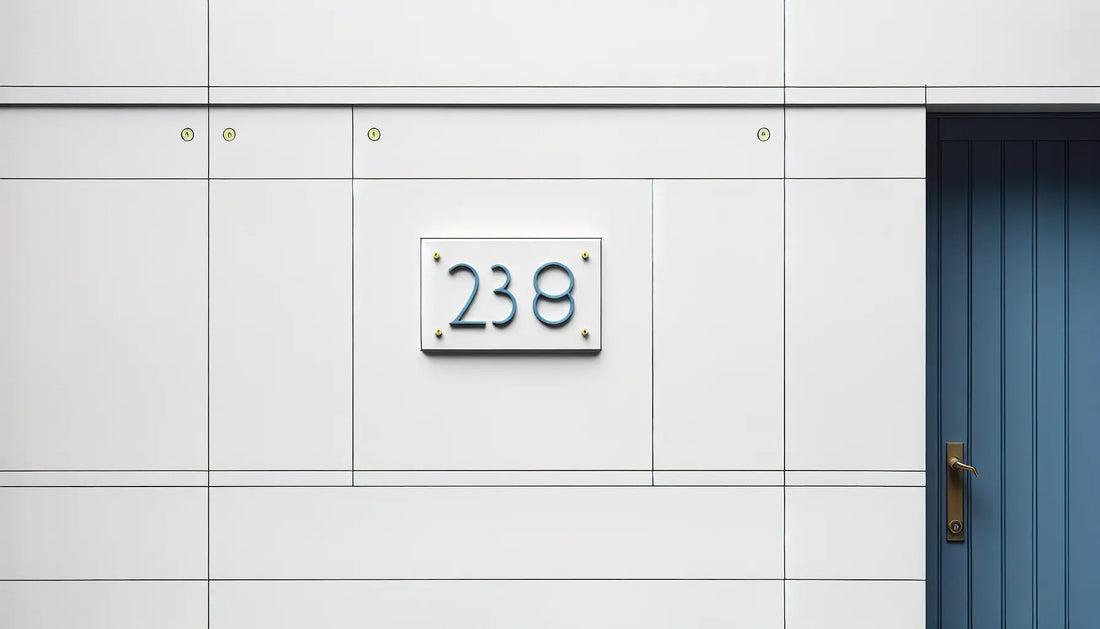 Moderne Hausfassade in weissem Ton mit blauer Hausnummer und gelben Schrauben als technische Skizze