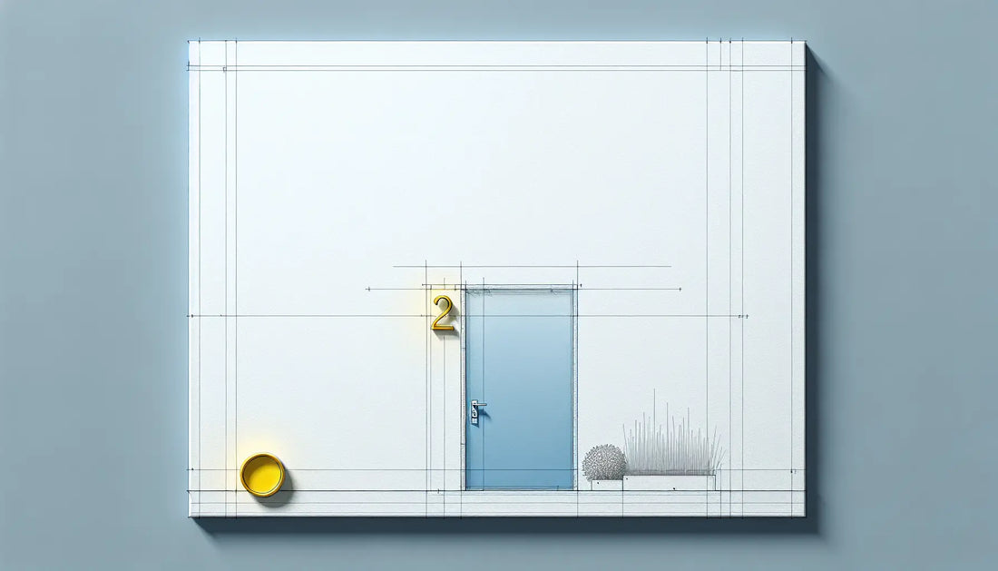 Moderne Hausnummer in Blau auf weisser Wand mit gelbem Akzent als technische Zeichnung