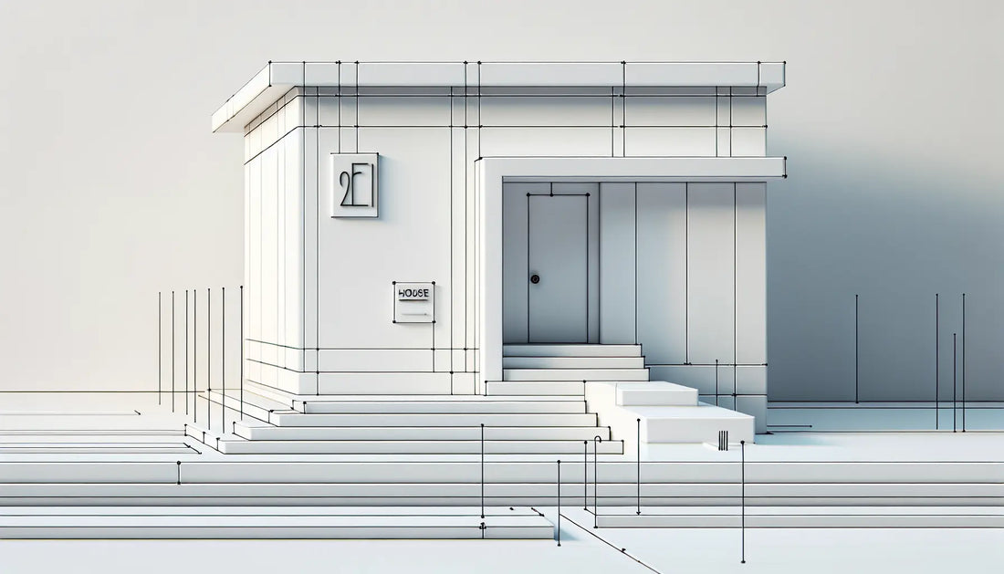 Moderne Hausfassade in Weiss mit blauer Hausnummer und gelbem Schraubenakzent als technische Skizze