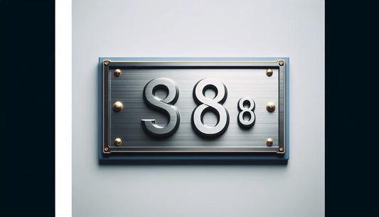 Rechteckiges Hausnummernschild aus gebürstetem Stahl mit blauen Umrissen und gelbem Schraubenakzent auf weissem Hintergrund