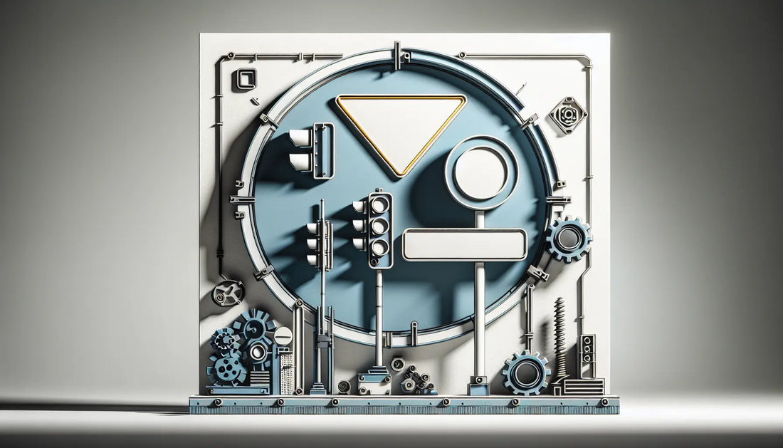 Modernes Verkehrsschild SR53a in Blau auf weisser Wand mit gelber Schraube technische Skizze