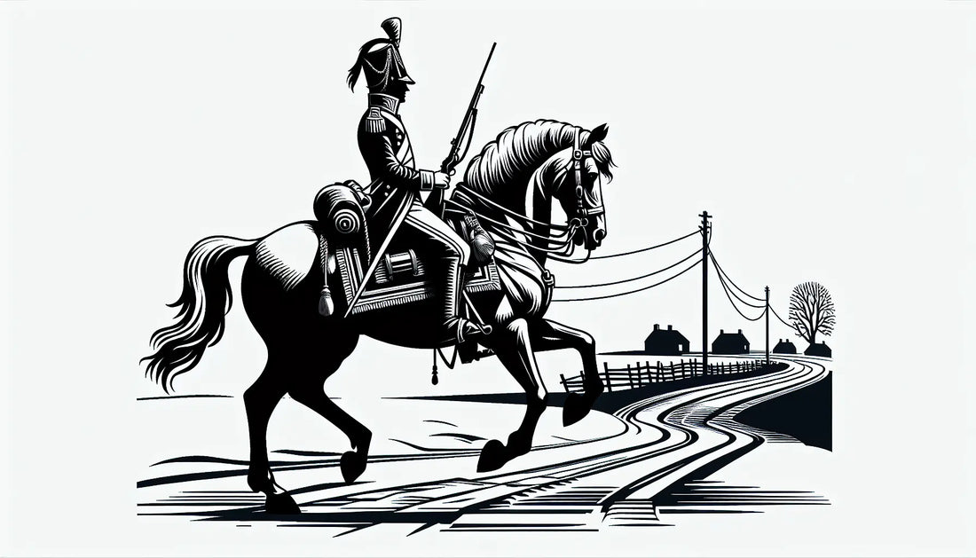 Technische Zeichnung napoleonischer Soldat auf Pferd mit antiker Strasse in reduzierten Linien