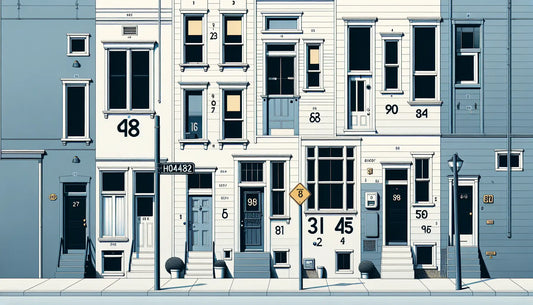 Mehrere reduzierte Hausnummern auf weissen Fassaden mit schwarzen Linien und blauen Flächen mit gelben Schrauben
