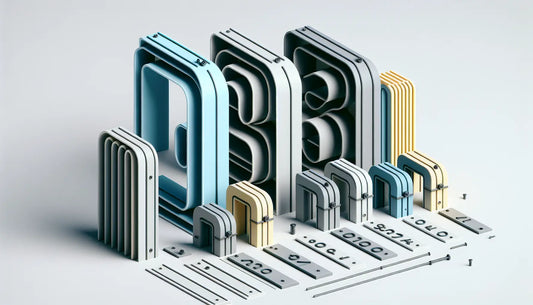 Reihe von Hausnummernschildern in Blau und Grau auf weisser Fläche mit gelben Schrauben technische Linienzeichnung