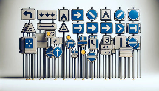 Mehrere französische verkehrsschilder frontal dargestellt in steel gray mit blauen und gelben akzenten auf hellem hintergrund