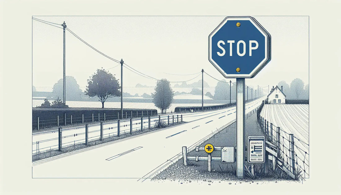 Französische Landstrasse mit STOP Schild in Persian Blue und gelbem Schraubenakzent auf weissem Hintergrund