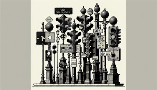 Historische Straßenschilder und alte Verkehrszeichen in Braun Blau Gelb auf Ghost White ohne Perspektive oder Schatten