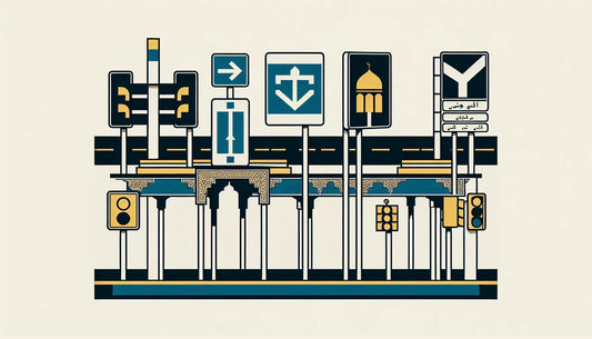 Vier verschiedene Verkehrsschilder in Persian Blue mit schwarzen Konturen und gelben Akzenten auf Ghost White Hintergrund