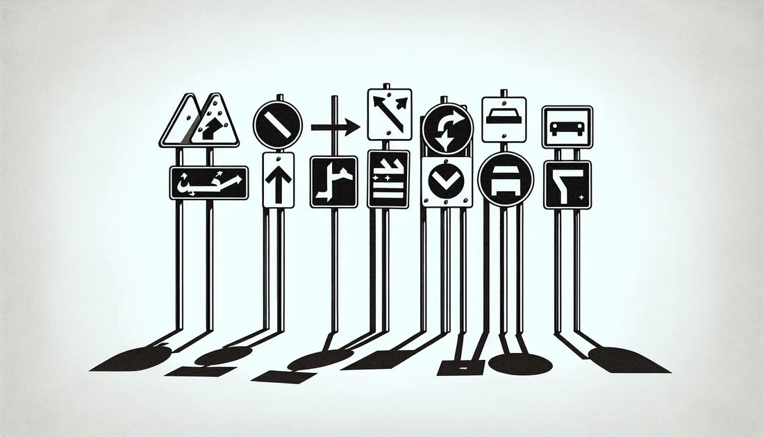 Technische Zeichnung fünf verschiedener Verkehrsschilder mit blauen grauen Flächen und gelben Schrauben auf weissem Hintergrund