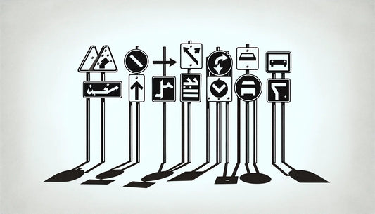 Technische Zeichnung fünf verschiedener Verkehrsschilder mit blauen grauen Flächen und gelben Schrauben auf weissem Hintergrund