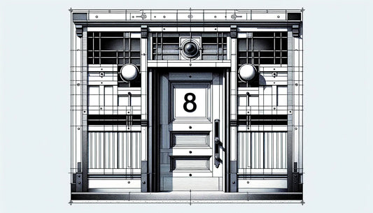 Hausnummer 8 in Blau auf glatter weisser Holztuer als technische reduzierte Skizze