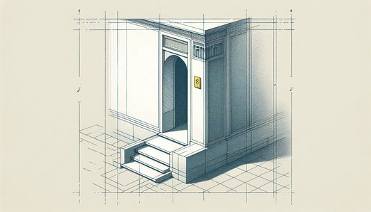 Hausnummer in Blau auf weisser Wand mit gelber Schraube als technische Skizze