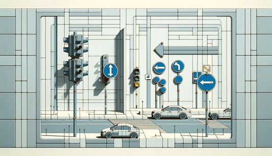 Technische Skizze einer urbanen Kreuzung mit blauen Verkehrsschildern und grauen schematischen Fahrzeugen ohne Perspektive