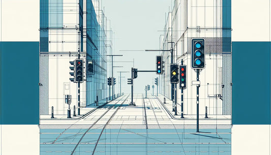 Technische Linienzeichnung urbaner Strassenabschnitt mit blauen Bodenmarkierungen und verticalem Schild in reduzierter Skizze