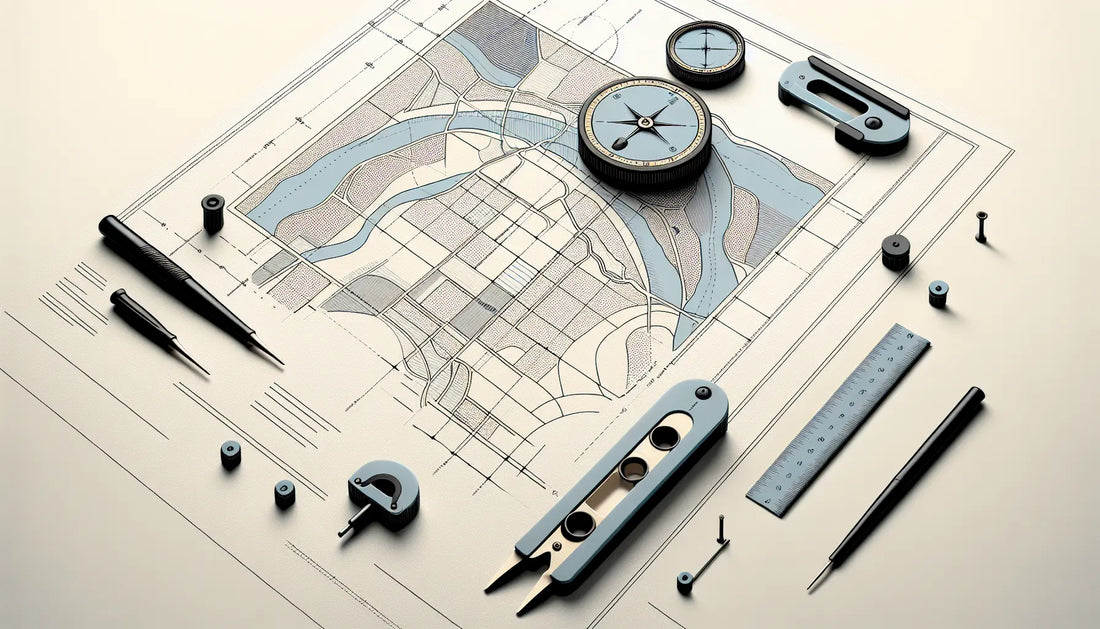Technische Zeichnung von französischen Katasterdokumenten mit Karte und Messwerkzeugen in Blau Grau Gelb auf weissem Hintergrund