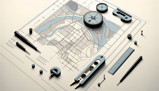 Technische Zeichnung von französischen Katasterdokumenten mit Karte und Messwerkzeugen in Blau Grau Gelb auf weissem Hintergrund