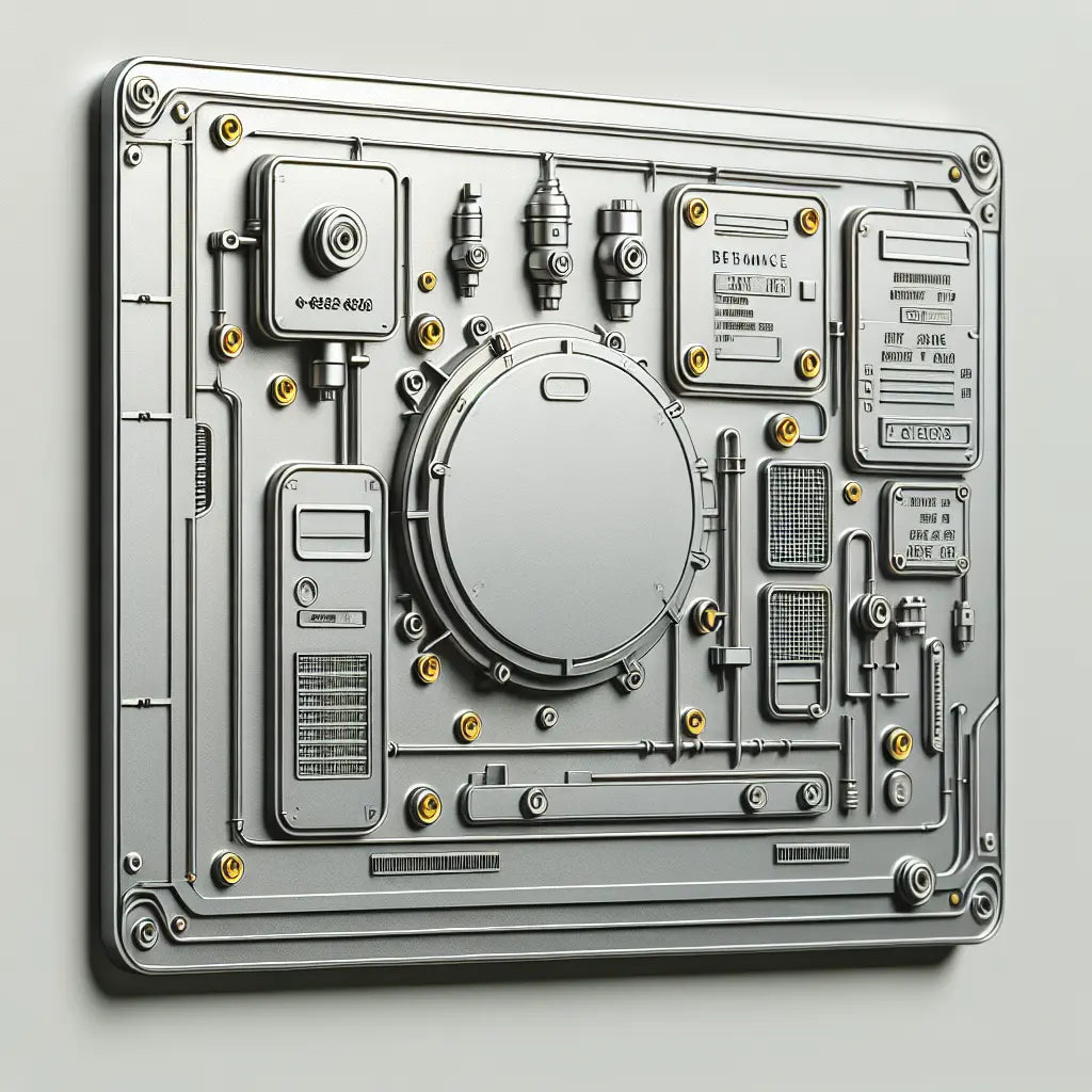 Technische Zeichnung einer grauen Kesselplakette mit gelben Schrauben auf neutraler Fläche