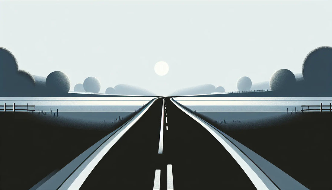 ruhig gezeichnete landstrasse mit durchgehender weisser linie mittig technische skizze in reduziertem stil