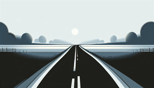 ruhig gezeichnete landstrasse mit durchgehender weisser linie mittig technische skizze in reduziertem stil