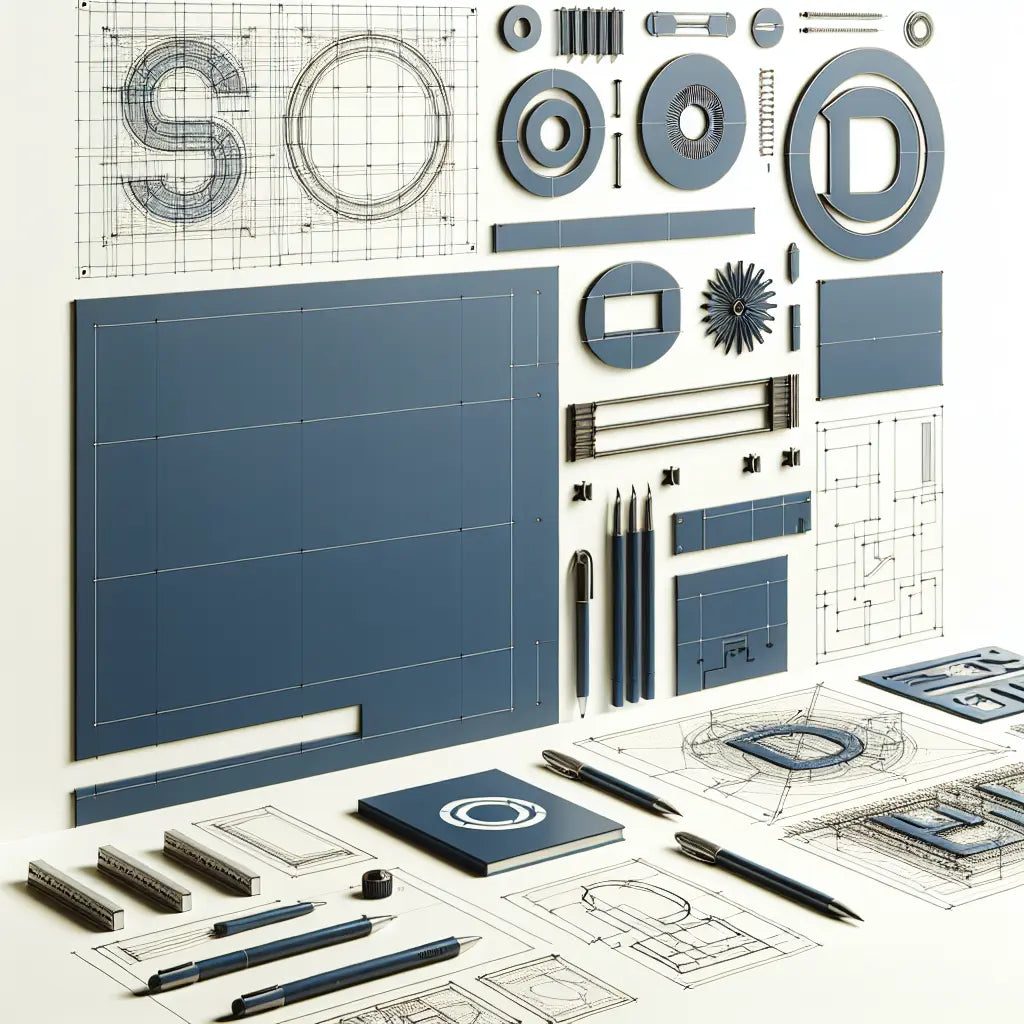 Technische Skizze eines Designerarbeitsplatzes mit Logoskizzen in Blau auf hellem Hintergrund und gelben Akzenten