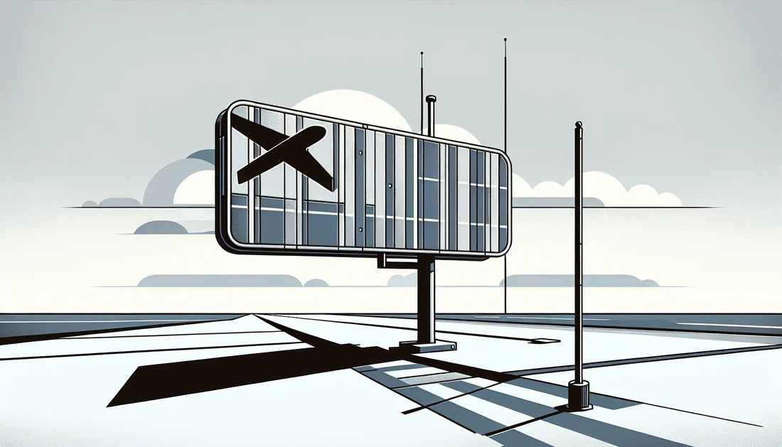 Reduziertes Metallschild am Flughafen mit Flugzeugsymbol in Blau auf weissem Hintergrund