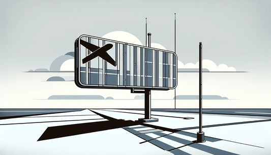 Reduziertes Metallschild am Flughafen mit Flugzeugsymbol in Blau auf weissem Hintergrund