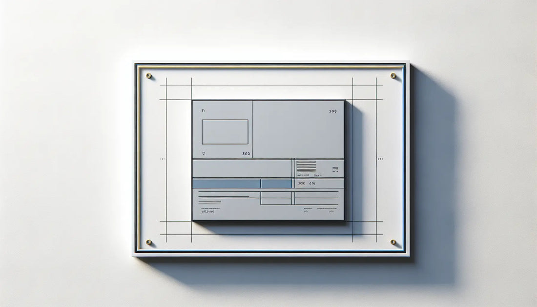 Metallplakette in Grau mit blauer Umrandung und gelbem Akzent auf weissem Hintergrund als technische Zeichnung