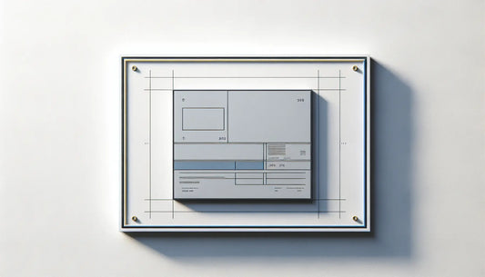 Metallplakette in Grau mit blauer Umrandung und gelbem Akzent auf weissem Hintergrund als technische Zeichnung